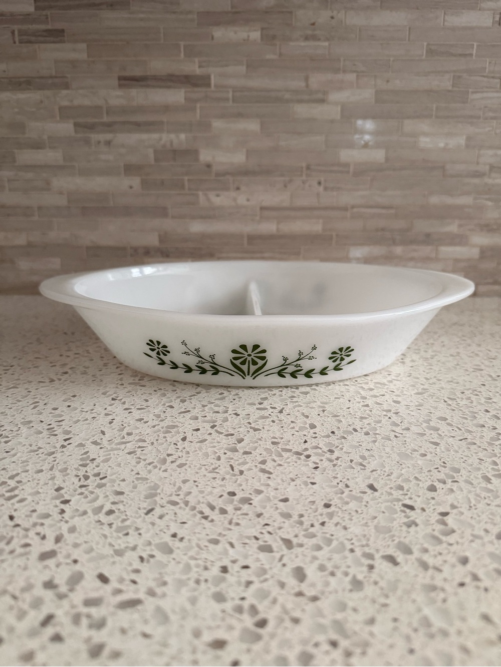 Vintage Glasbake Milk Glass Primrose Dream White Green Floral Serving Bowl J2352
